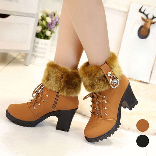 🔥Vinter Hot Sale 49%OFF👢Ankelstøvler med plys og lynlås med høj hæl til kvinder