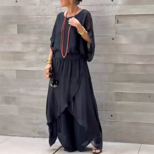Loose Top & Slit Wide-Leg Pants Chiffon 2-delt sæt