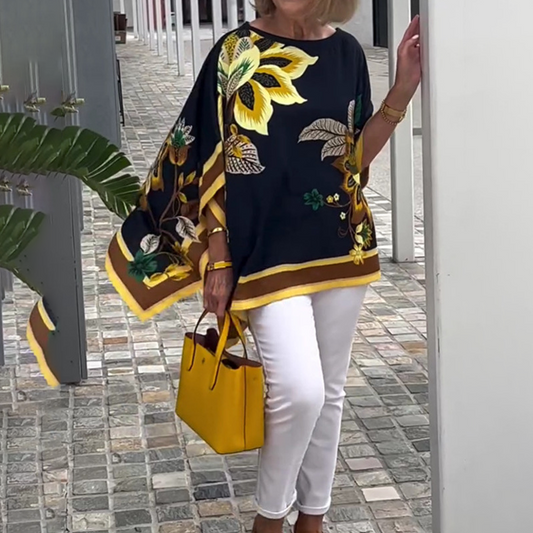 Elegant løs printet V-hals top til kvinder