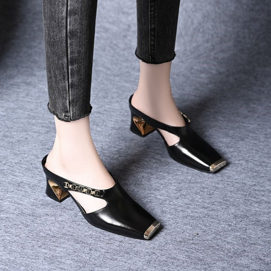 🏖️Sommertilbud🌴Casual Metal Square Toe Mid Block Heel Mules til kvinder