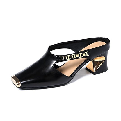 🏖️Sommertilbud🌴Casual Metal Square Toe Mid Block Heel Mules til kvinder