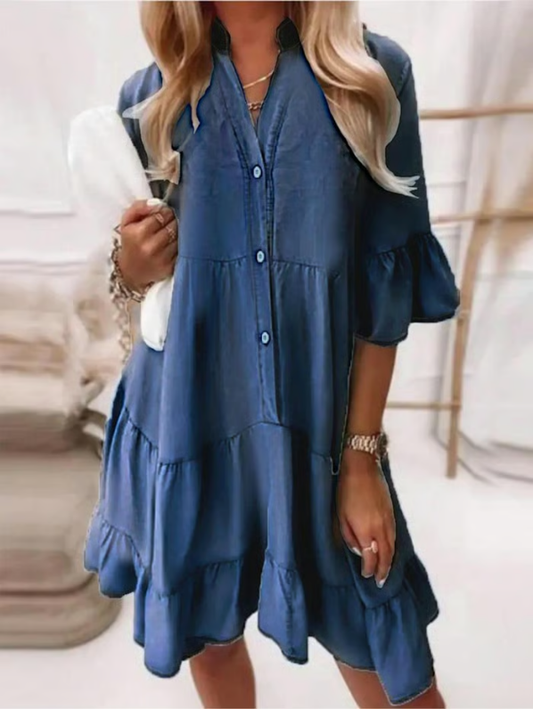 👗Sommerkjole med V-hals og flæsekant - letvægts denimlook