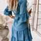 👗Sommerkjole med V-hals og flæsekant - letvægts denimlook