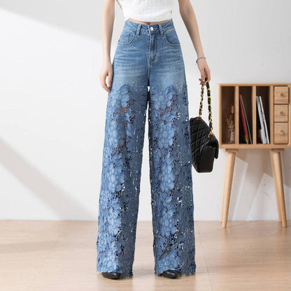 💖Højtaljede blå denimbukser med brede ben til kvinder (udhulede blondepaneler)