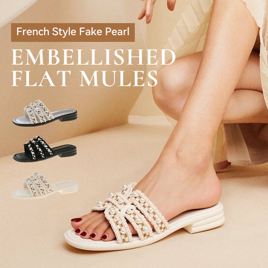Flade mules med falske perler i fransk stil