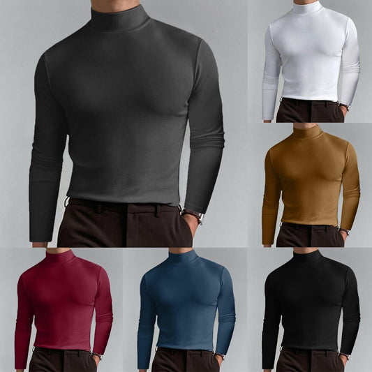 Herre T-shirt med høj hals, slim fit og lange ærmer（50% OFF）