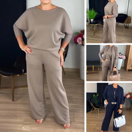 Elegant 3-delt sæt: lang cardigan, top og bukser