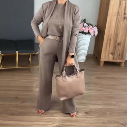 Elegant 3-delt sæt: lang cardigan, top og bukser
